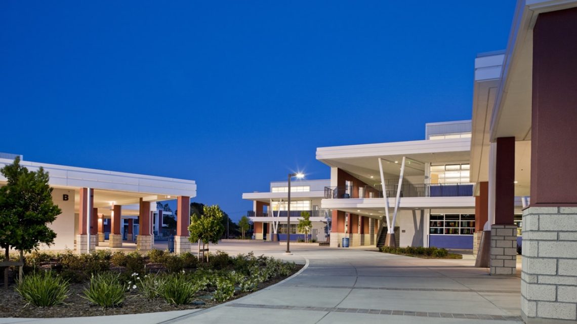 Dublin High School-campus scene, Humnaities building in the background, Visual Arts to the left, Administration on the right.
